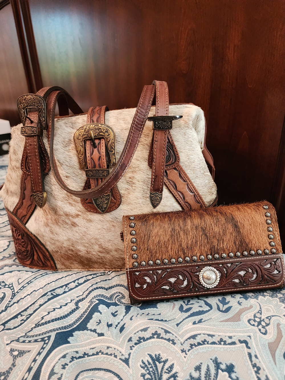 American Darling Brown Haircalf Tote with Tooled Leather Trim
